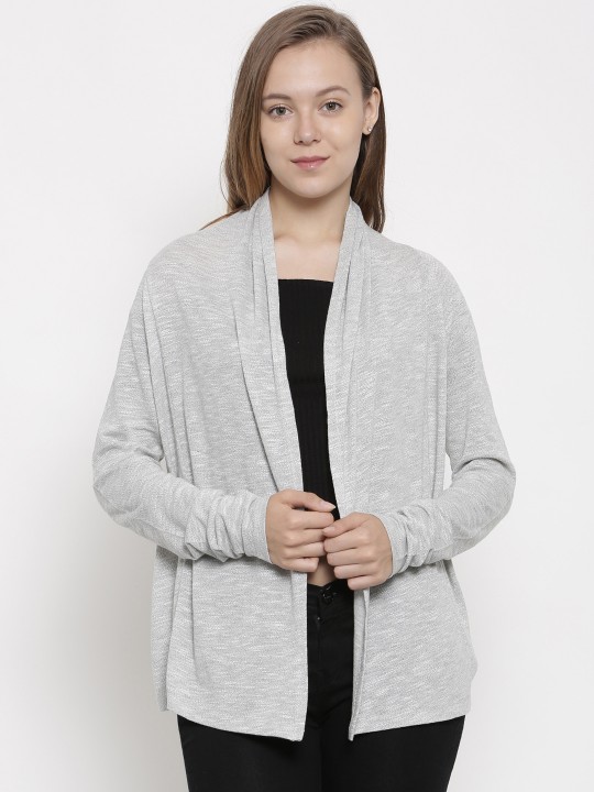 Grey Melange Solid Open Front Shrug S