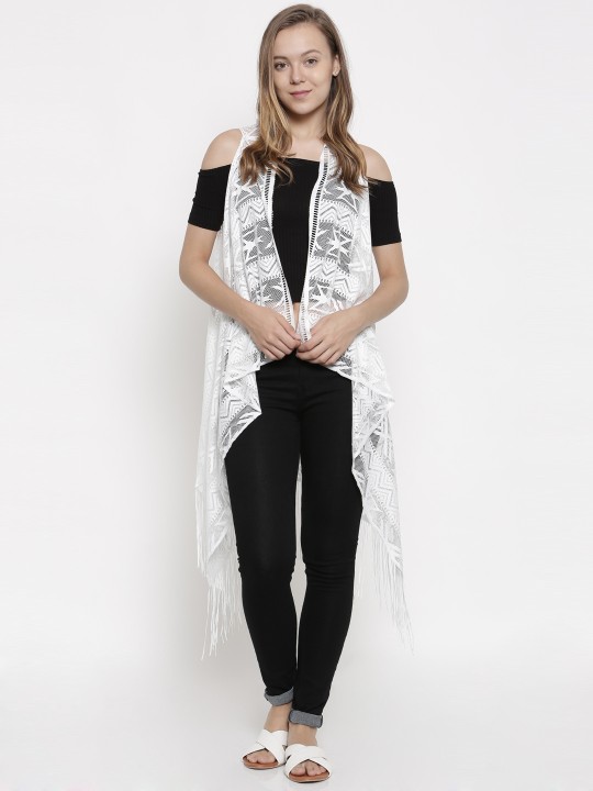 White Self-Design Open Front Shrug