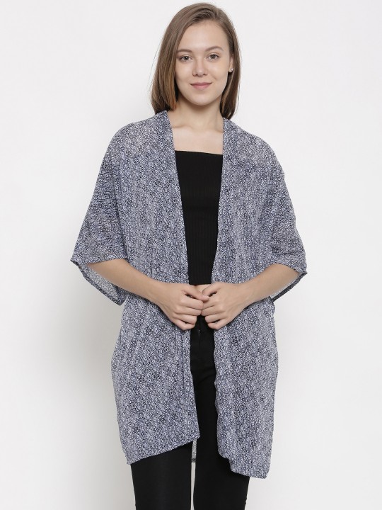 Blue & Off-White Printed Open Front Shrug