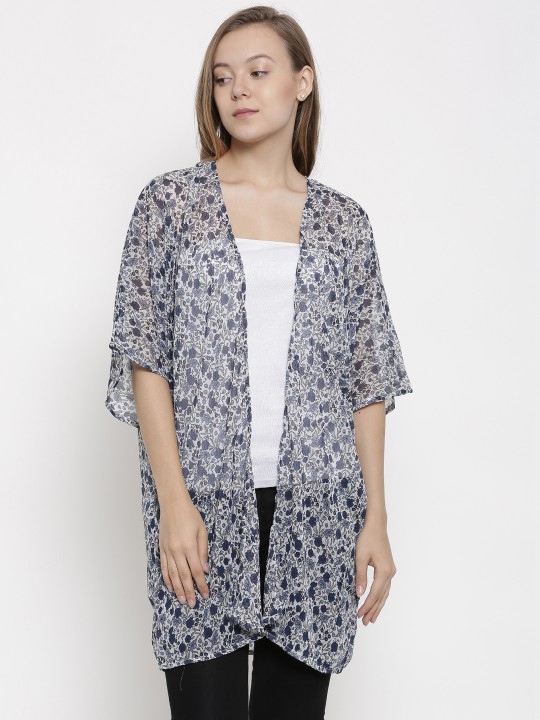 White & Blue Printed Open Front Shrug