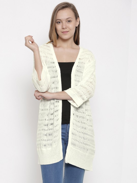 White Self-Design Open Front Shrug S