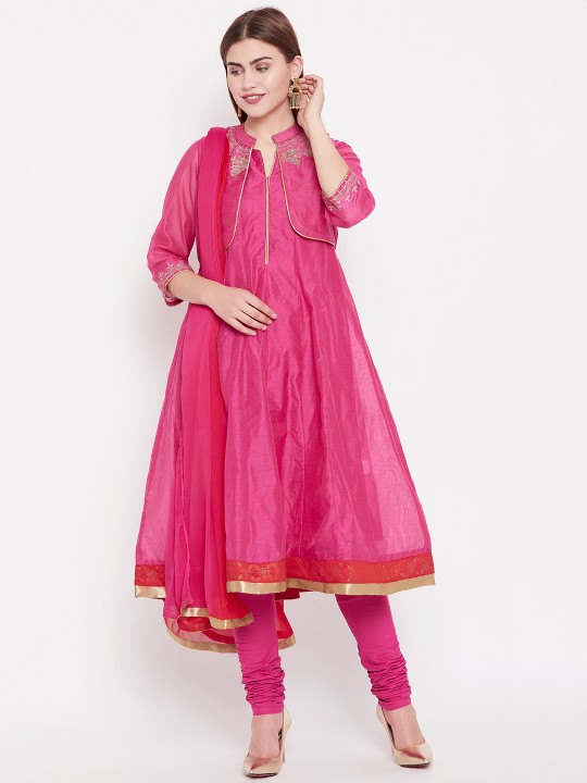 Women Pink Solid Kurta with Churidar & Dupatta M