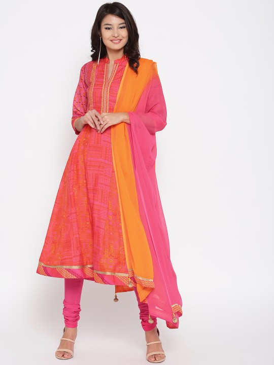 Women Pink & Orange Printed Anarkali Kurta with Churidar & Dupatta XXL