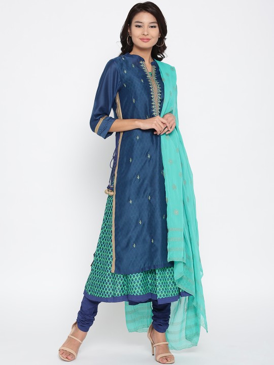 Women Navy & Green Printed Layered Kurta with Churidar & Dupatta