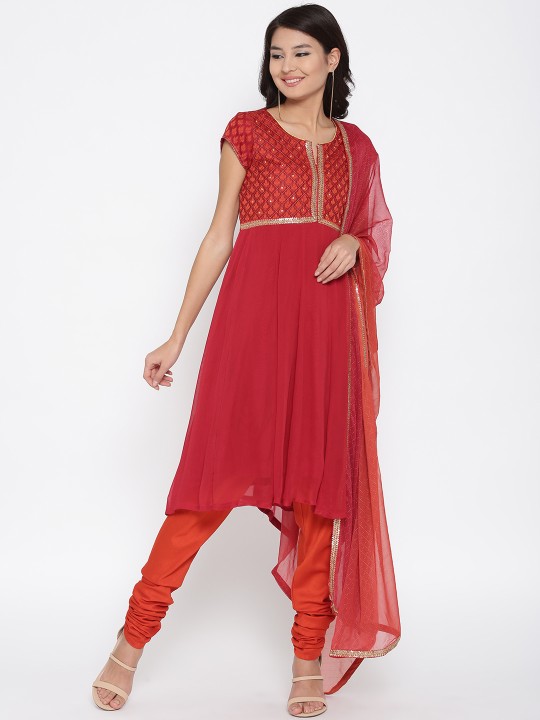 Women Red & Rust Orange Self-Design Kurta with Churidar & Dupatta M