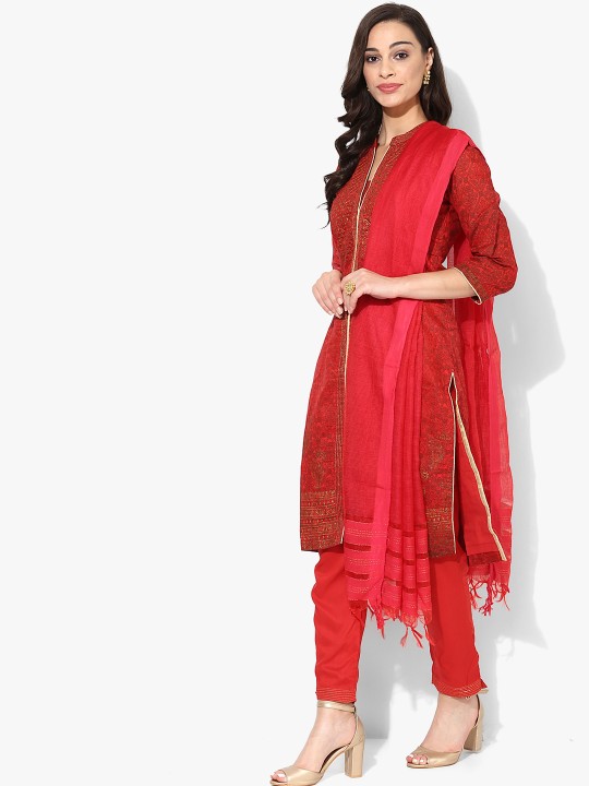 Women Red Printed Kurta with Trousers & Dupatta XXL