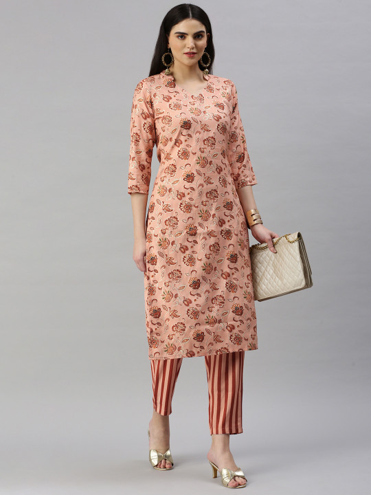 Kalini Women Floral Printed Regular Chanderi Cotton Kurta With Trousers