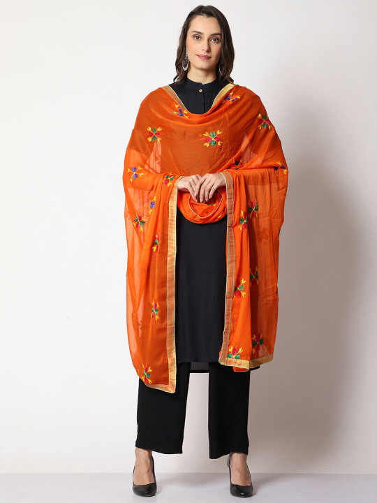 WEAVERS VILLA Floral Embroidered Dupatta With Phulkari