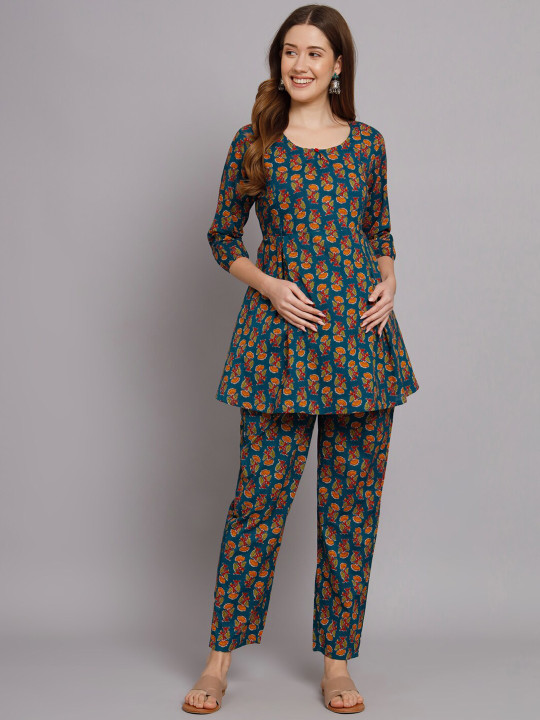 Vastralay Printed Pure Cotton Maternity Feeding Top With Trouser