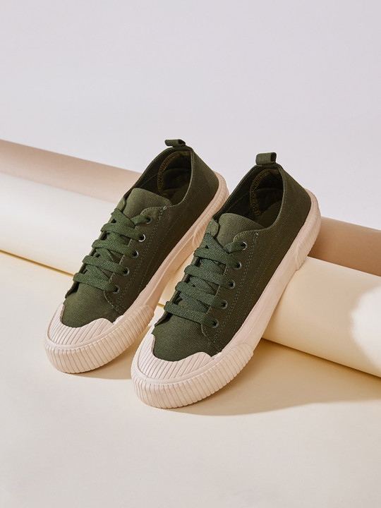 Styli Men Olive Green Textured Canvas Lace Up Casual Shoes