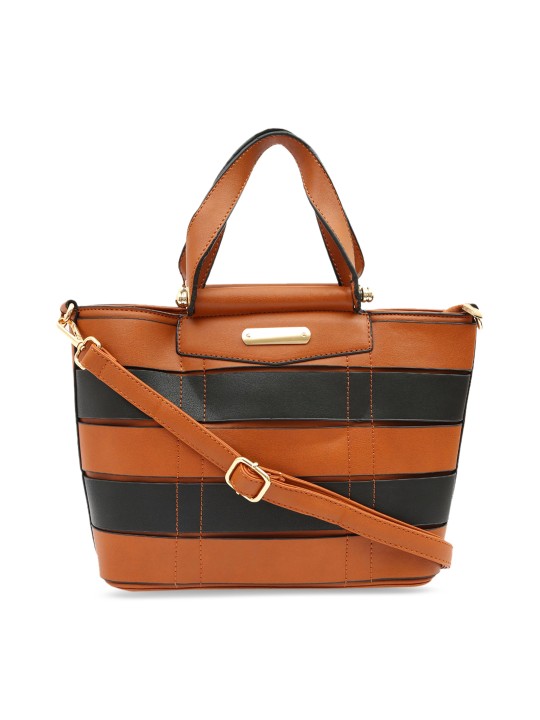 Tan Striped Handheld Bag