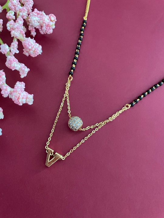 Digital Dress Room Gold-Plated American Diamond-Studded & Beaded Mangalsutra
