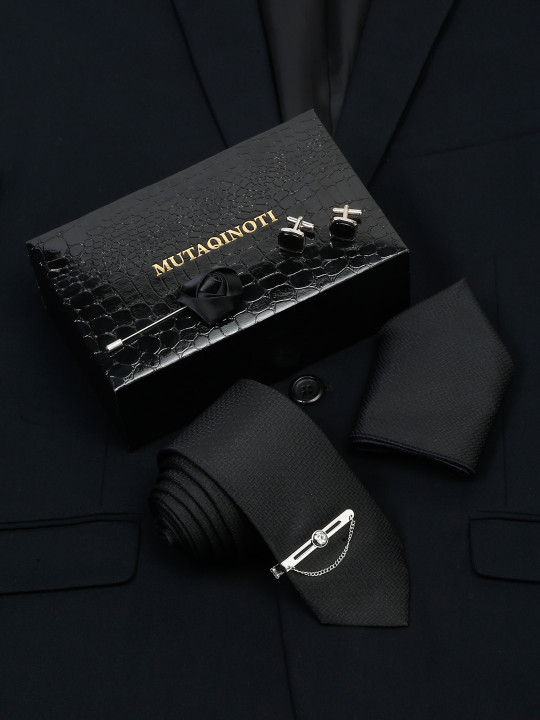 MUTAQINOTI Men Checkered Black Silk Necktie Accessory Gift Set