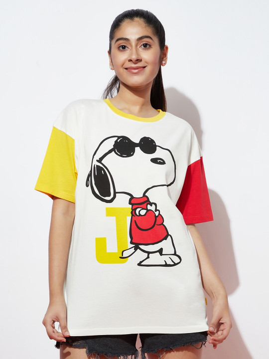 SPUNKIES Snoopy Printed Drop-Shoulder Cotton Loose Fit T-shirt