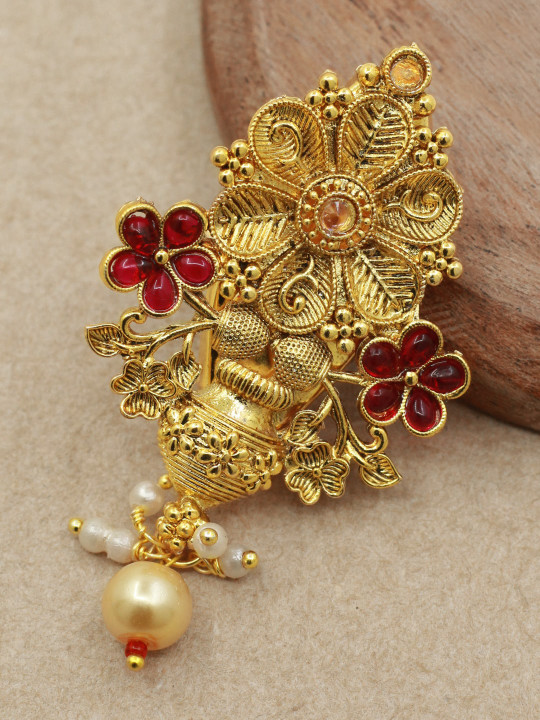 SAIYONI Gold Plated Floral Design Antique Stone Studded Brooch Saree Pin