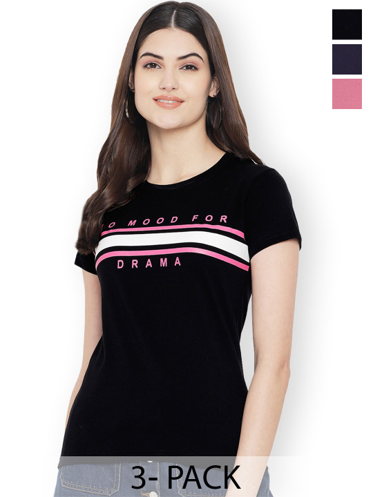 Fabflee Women Multicoloured 3 Printed Applique T-shirt