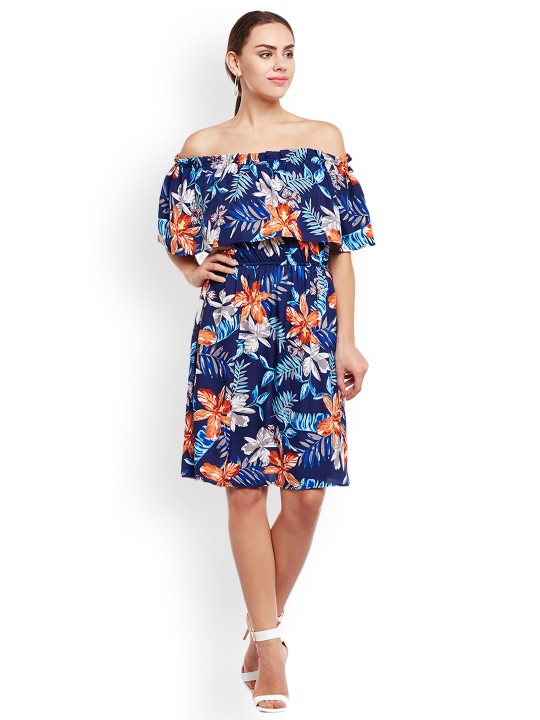 Women Blue Printed A-Line Dress XS