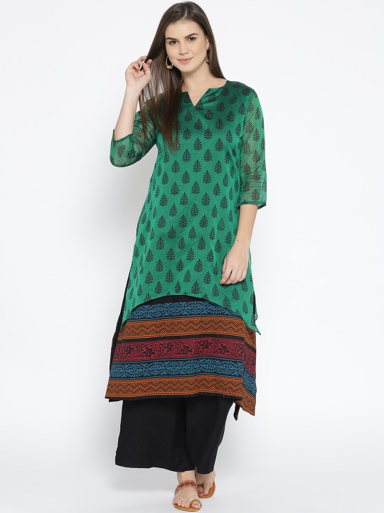 Women Green Printed Layered A-Line Kurta S