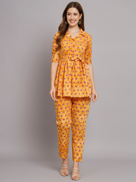 Vastralay Women Printed Cotton Top With Trousers & Belt