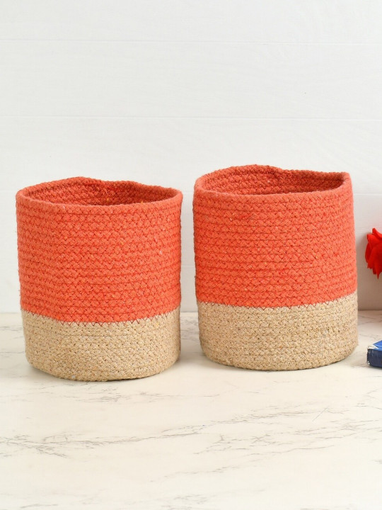 Orange-Colored & Brown 2 Pieces Jute & Cotton Woven Planters Baskets