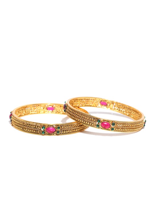 Set of 2 Pink & Green Gold-Plated Stone-Studded Bangles 2.4