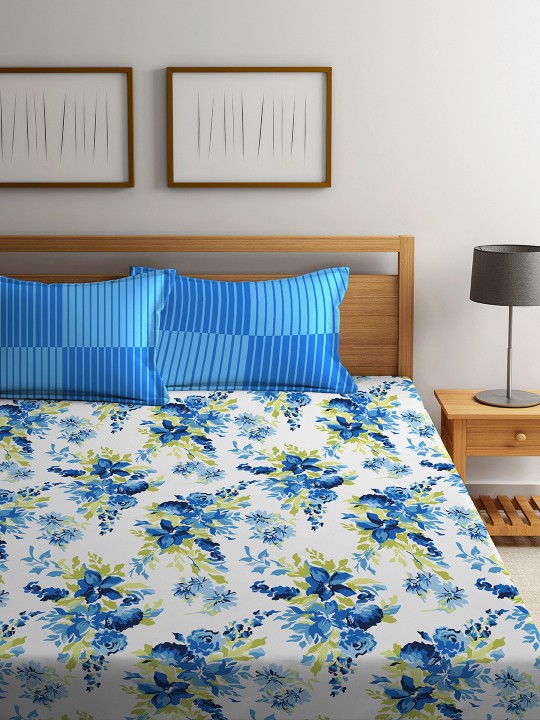 White & Blue Floral Polycotton 120 TC Double King Bedsheet with 2 Pillow Covers