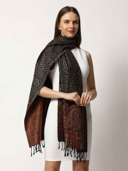 SWI Stylish Women Wool Ethnic Motifs Woven Design Tasselled Stole