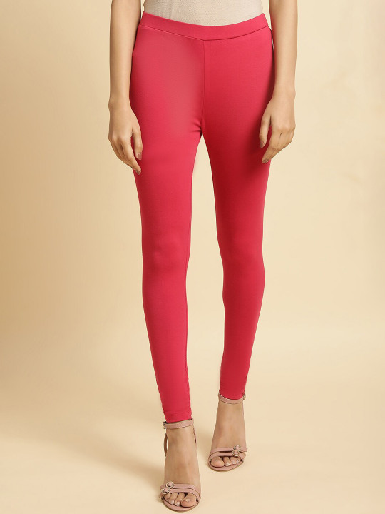 W Pink Cotton Lycra Ankle Length Slip-On Leggings