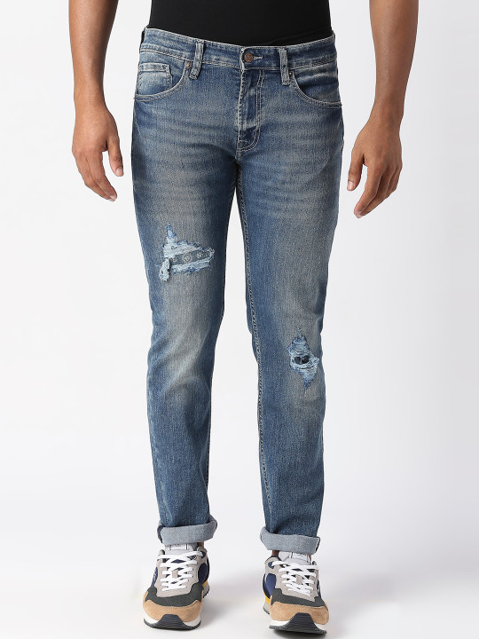 Men Slim Fit Low-Rise Mildly Distressed Heavy Fade Jeans