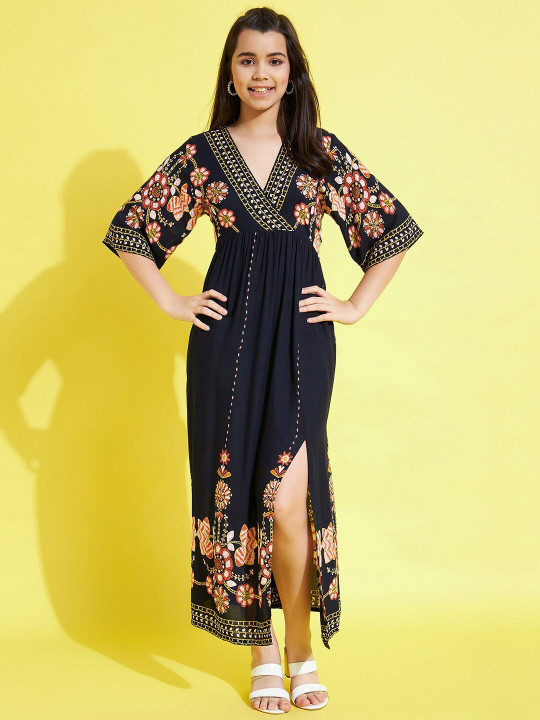 StyleStone Girls Floral Printed V-neck Empire Maxi Dress
