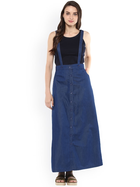Women Blue Denim Maxi Pinafore Skirt