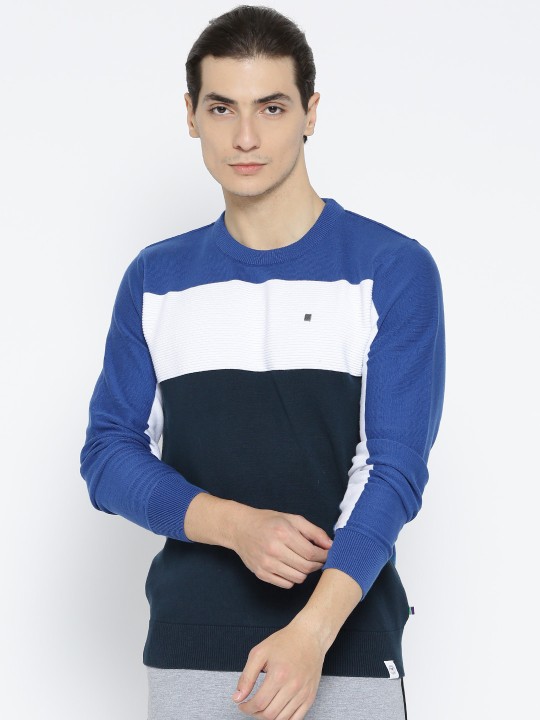 Men Blue & White Colourblocked Sweater S