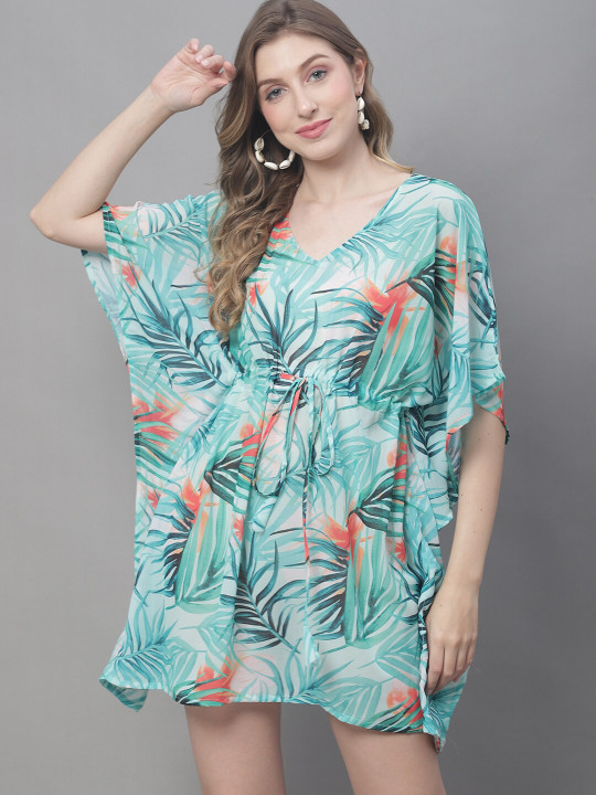 Claura Green & Orange Tropical Printed Swimwear Cover Up kaftan