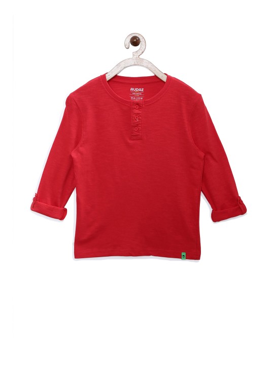 Boys Red Solid Round Neck T-shirt 1Y