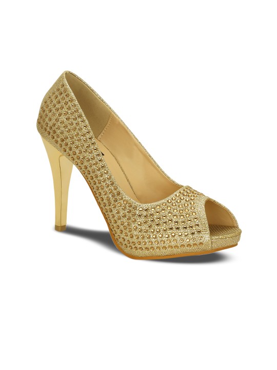 Women Gold-Toned Solid Embellished Peep Toes 35