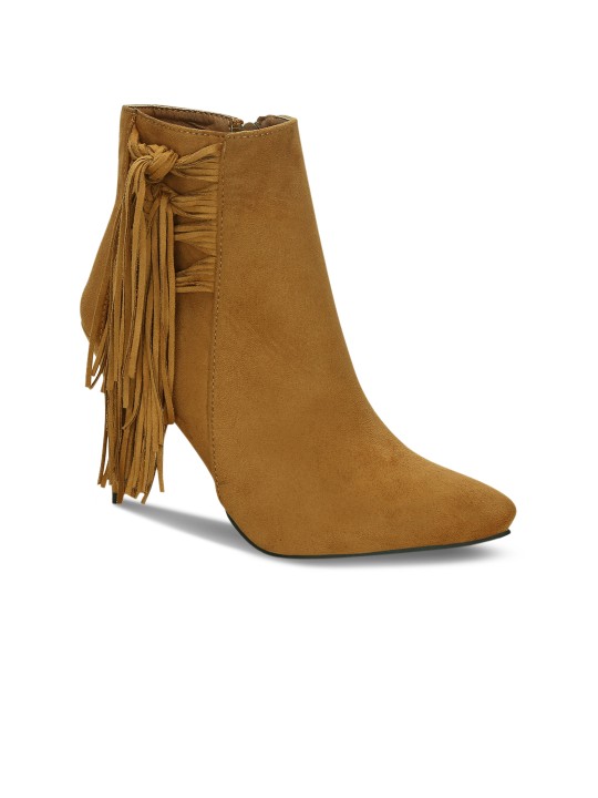 Women Tan Brown Solid Fringed Heeled Boots 36