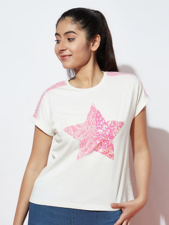 SPUNKIES Girls Conversational Printed Embellished Cotton T-shirt