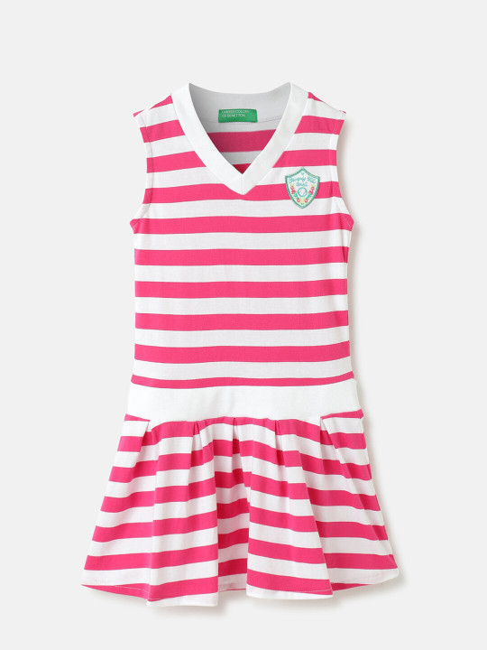 United Colors of Benetton Girls Striped V-Neck Cotton Drop-Waist Dress