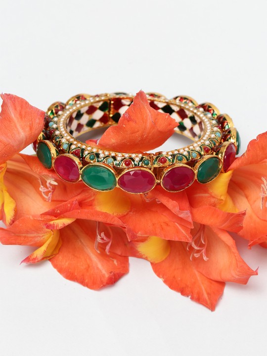 Green & Maroon Gold-Plated Stone-Studded Bangle 2.4