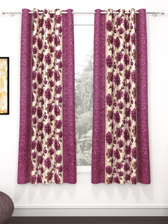 Story@Home 2 Pieces Purple & Beige Floral Window Curtains