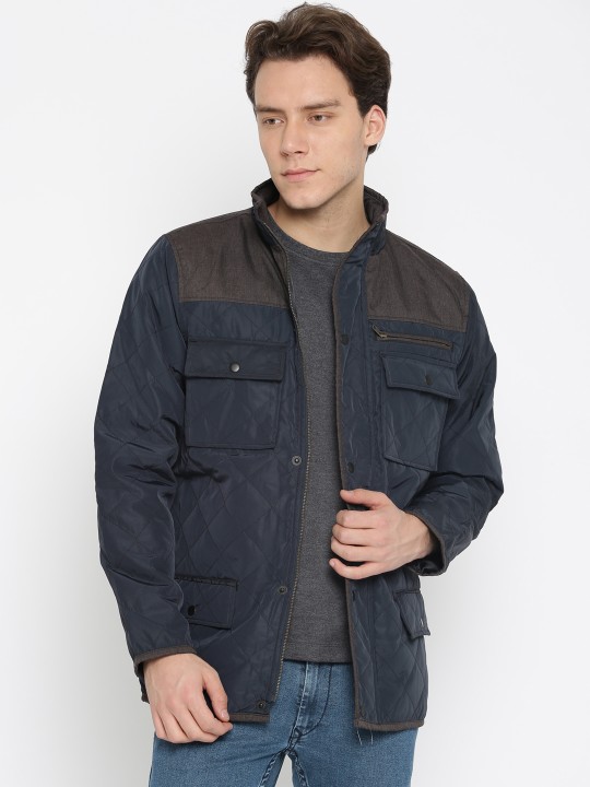 Men Navy Blue Solid Quilted Jacket S