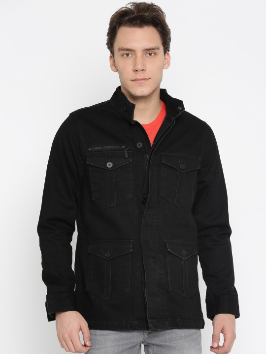 Men Black Solid Denim Jacket S