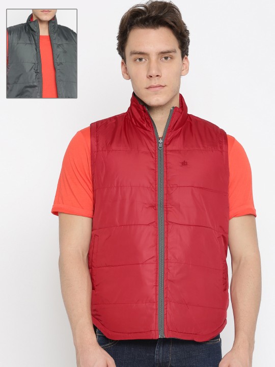 Men Grey & Red Solid Reversible Padded Jacket S