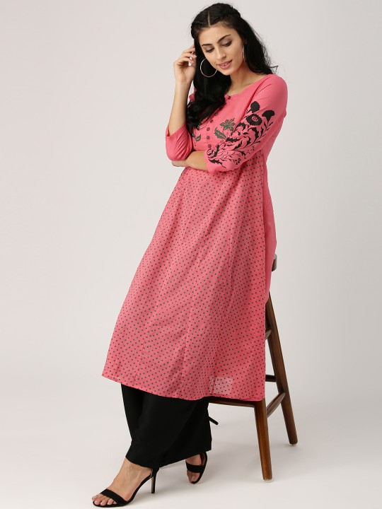Women Coral Pink & Green Printed Anarkali Kurta S