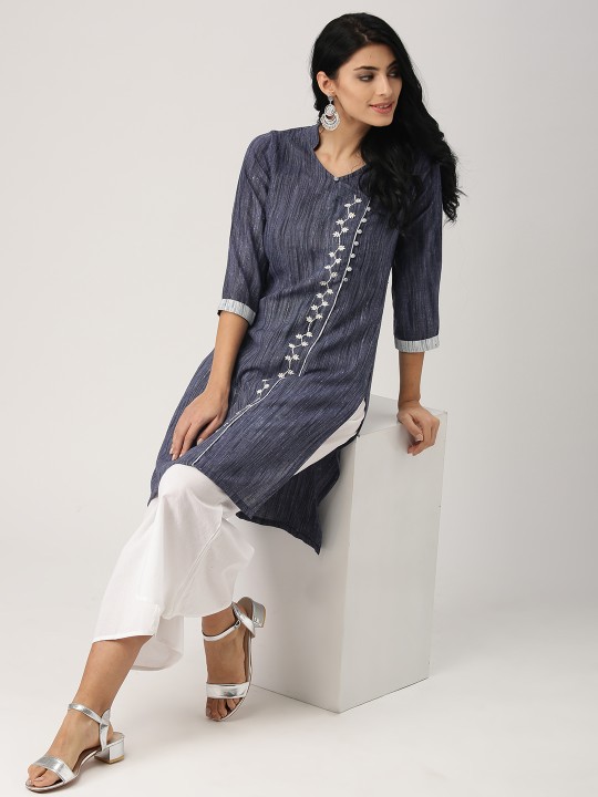 Women Blue Solid Angrakha Straight Kurta S