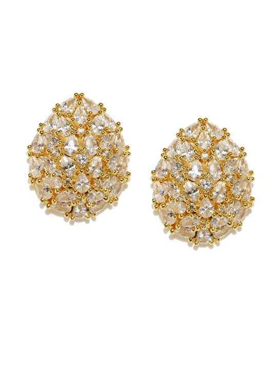 Gold-Toned & White CZ Stone-Studded Oval Oversized Studs