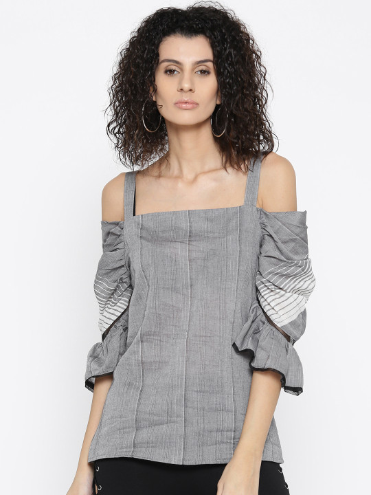 Style Quotient Women Grey Self-Striped Bardot Top