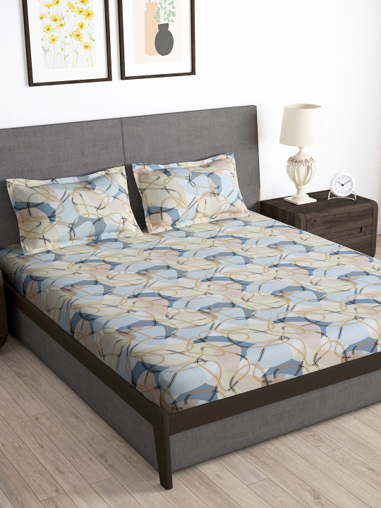 Story@Home Arena Cream-Coloured & Grey Printed 180 TC Queen Bedsheet & 2 Pillow Covers