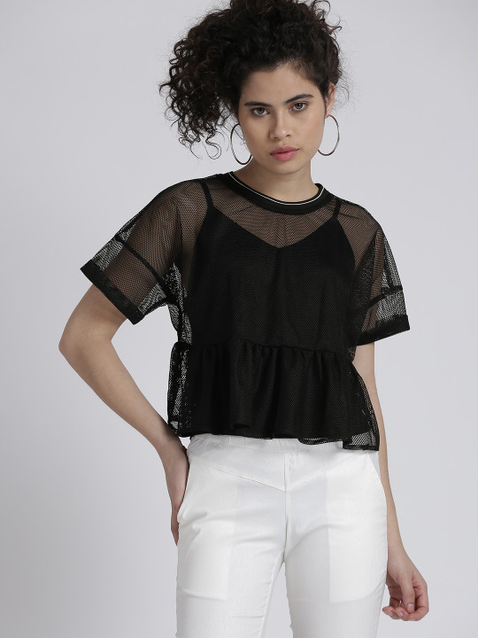Women Black Solid Mesh A-Line Top M