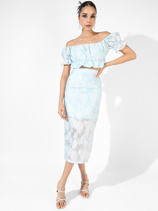 Campus Sutra Blue Embroidered Top & Skirt
